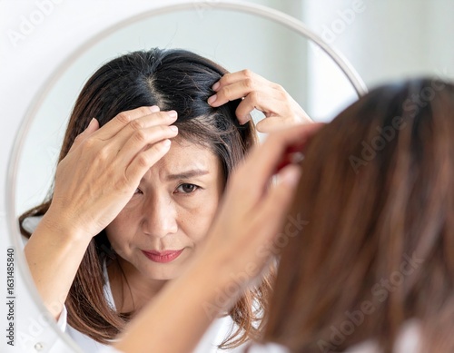 薄毛が気になり、鏡を見ながら髪の生え際を触る女性