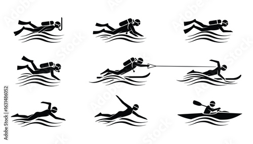 Water Sports Pictograms Set, Black Silhouette Active Lifestyle Vector Illustration.