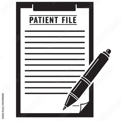 Black and white illustration of a patient file clipboard with pen in medical and healthcare contexts