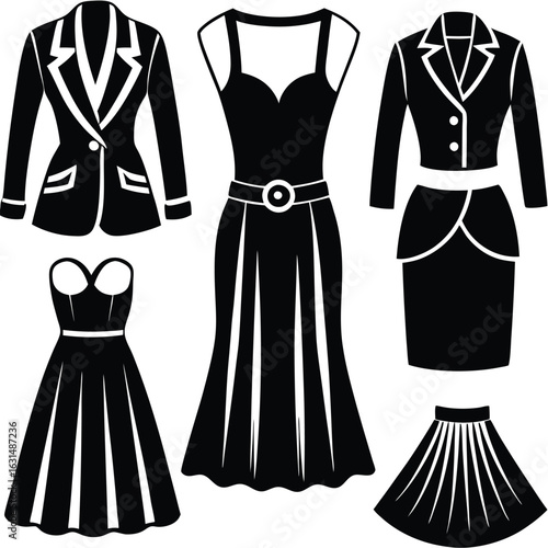 Collection of black silhouettes depicting various elegant women's clothing items including dresses, blazers, skirts, and formal wear.
