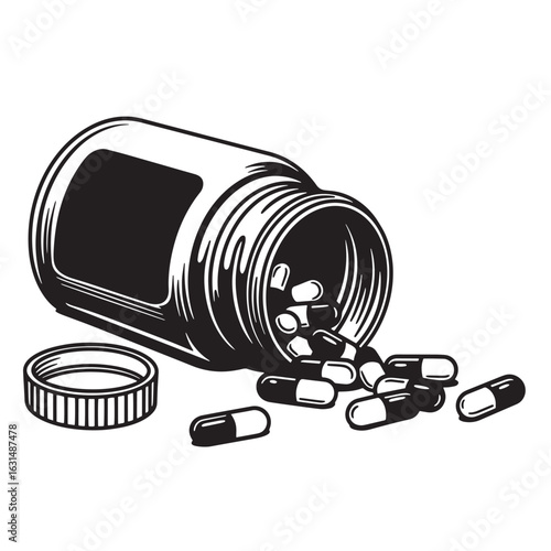 Black and white illustration of prescription pills spilled out of a bottle