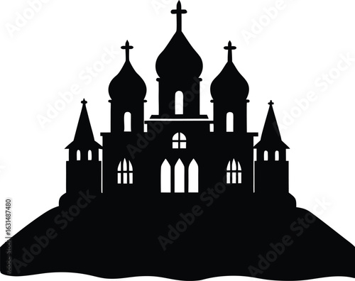 black silhouette a monastery on white background.eps