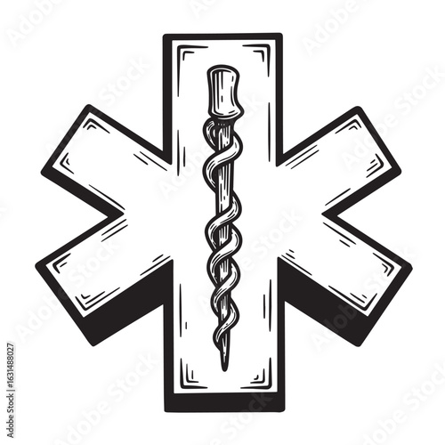 Black and white symbol of emergency medical services with a rod of asclepius