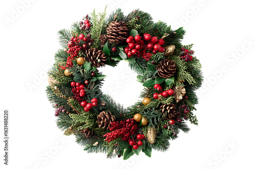 Exquisite Festive Christmas Wreath with Berries and Pinecones  Isolated on transparent background, cutout	