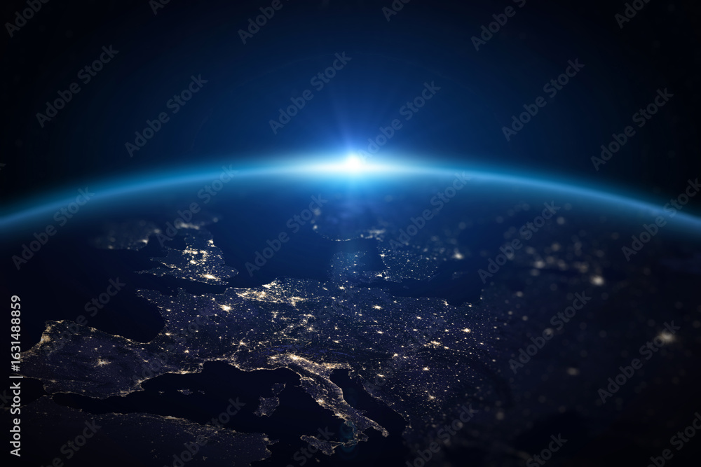 Obraz premium Planet Earth from the space at night. Europe, Portugal, Spain, France, Italy, Switzerland, United Kingdom, Poland, Germany, Austria, Czechia, Croatia and Hungary.