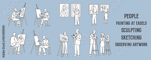 Minimal Vector Illustration of People Painting at Easels, Sketching, Sculpting, and Viewing Artwork — Hand Drawn Line Art for Creative Spaces and Architecture