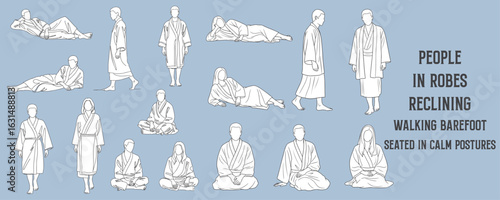 Minimal Outline Vector of People in Robes Reclining, Sitting Cross-Legged, or Walking Barefoot in Calm Relaxed Poses for Architectural Drawings