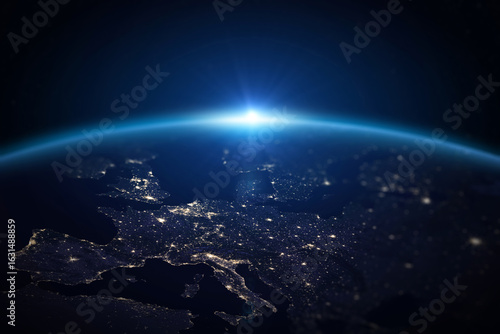 Fototapeta Naklejka Na Ścianę i Meble -  Planet Earth from the space at night. Europe, Portugal, Spain, France, Italy, Switzerland, United Kingdom, Poland, Germany, Austria, Czechia, Croatia and Hungary.