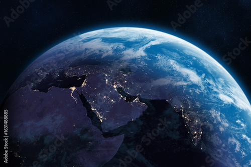 Earth planet in outer space. Asia. Middle East at night viewed from space with city lights. Arabian Peninsula, India, Pakistan, Egypt, Iraq, Iran, Israel, Jordan, Lebanon, Palestine, Gaza, Syria, Turk