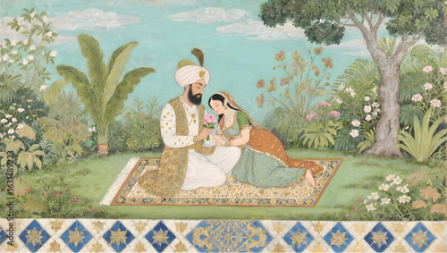 Traditional Mughal King and Queen Sitting in Garden – Romantic Forest Palace Miniature Wall Painting Mural Illustration