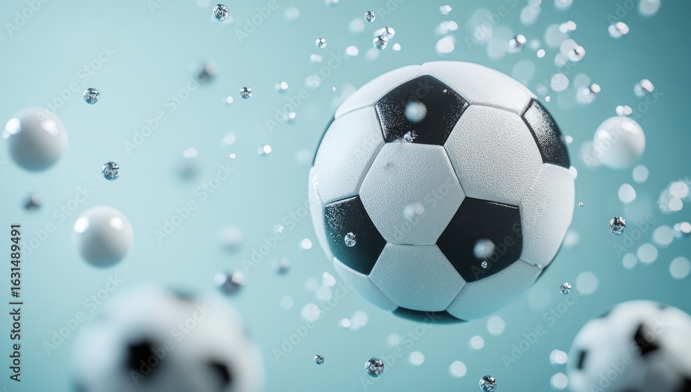 Fototapeta premium A soccer ball flying through the air, surrounded by small glass spheres, with a background of football balls and metallic shapes,