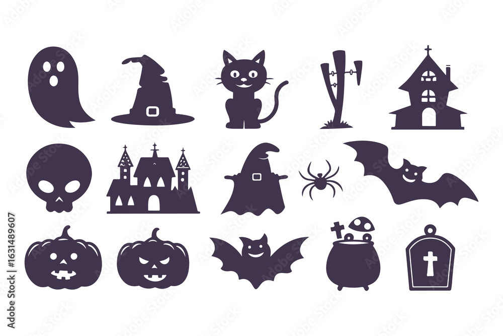 Obraz premium Halloween silhouette icon set. Collection of spooky graphic elements including ghost, witch, pumpkin, cat, and haunted house. Isolated vector symbols for party decoration and design.