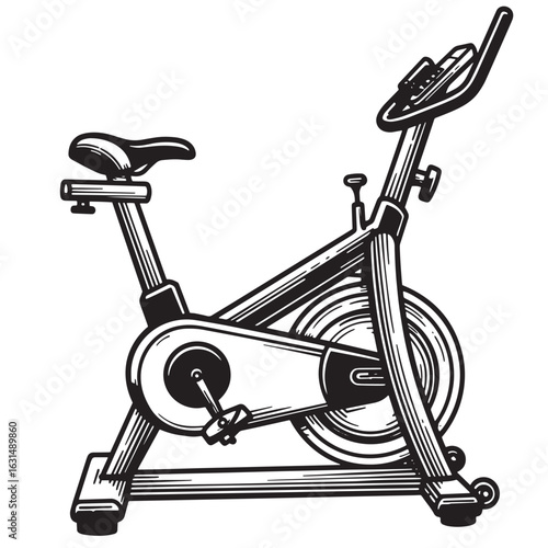 Detailed engraved illustration of a stationary exercise bike suitable for fitness and workout routines