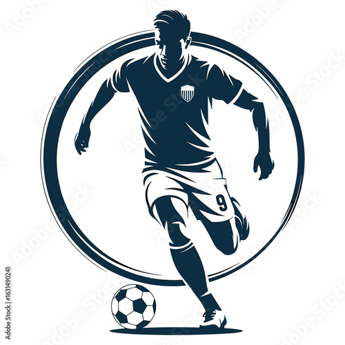 Soccer player kicking ball in circular frame silhouette