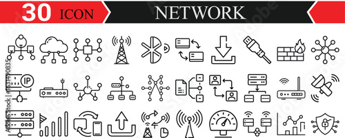 Network computer icon set. Containing online, computer, network, website, server, personal hotspot download, wifi. Solid icons vector collection.