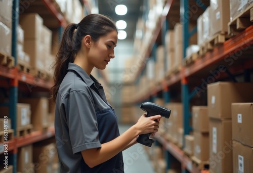 Woman scanning boxes in a warehouse aisle with a barcode scanner