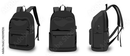 black backpack design front back and side view college school rucksack mockup vector illustration realistic youth pack fabric study sport with shadows background