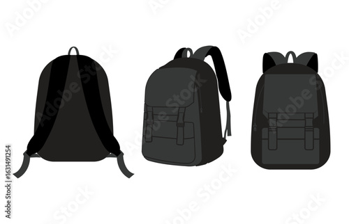 black backpack design front back and side view college school rucksack mockup vector illustration realistic youth pack fabric study sport with shadows background