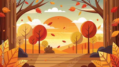 Vector art of golden hour autumn scene with silhouetted trees, falling leaves, and rolling hills bathed in warm sunset light, creating a peaceful and beautiful natural vista