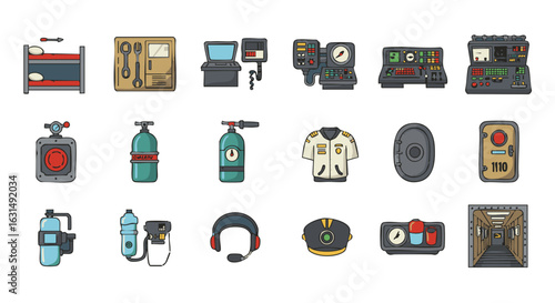 Submarine interior icons flat vector set blue gray