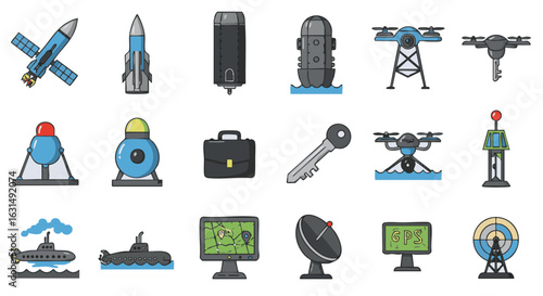 Navy tactical tech flat icon set dark blue silver