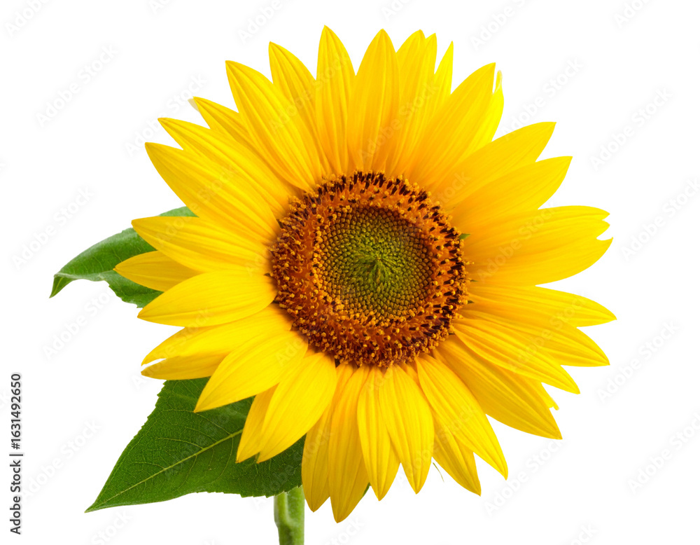 Fototapeta premium Vibrant Yellow Sunflower with Green Leaves, Side View, Isolated on Transparent Background