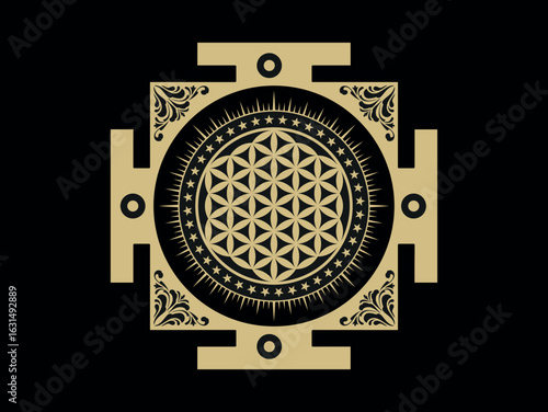 Golden Sri Yantra sacred geometry flower of life  mandala on black background