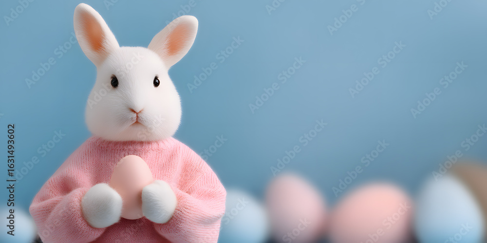 Fototapeta premium Cute pink bunny toy with pastel Easter eggs on blue background. Ideal for holiday promotions, children’s events or seasonal compositions.