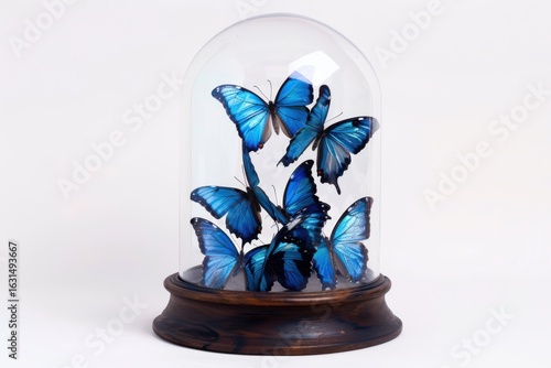 Butterflies entombed in time Azure blue insects under glass dome Artful display of nature wings beauty collection and a