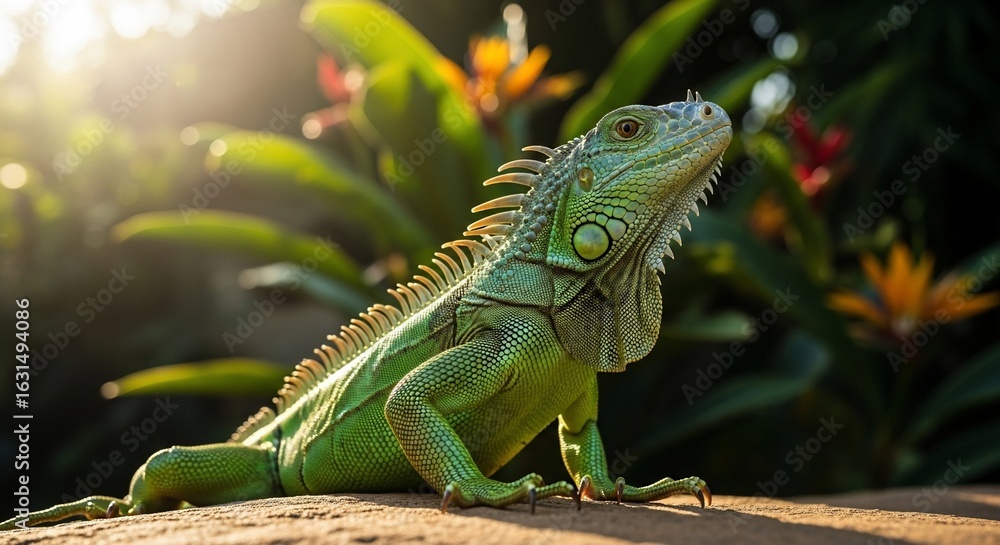 Obraz premium Vibrant Green Iguana with Spiky Dorsal Crest in Lush Tropical Foliage