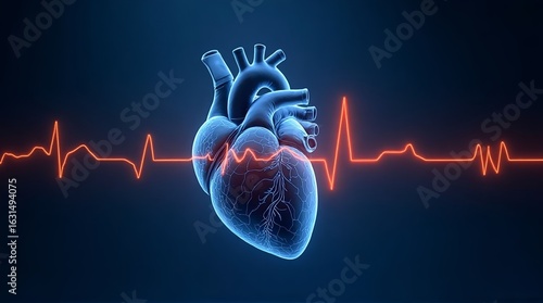 Anatomical heart with an electrocardiogram line on a dark background medical representation of health