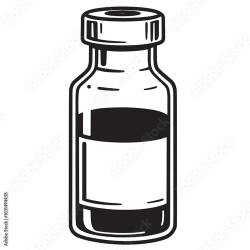 Illustration of a vector graphic black and white medical vaccine vial on a white background