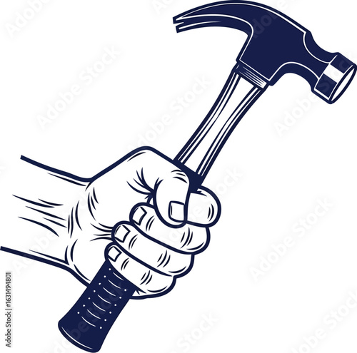 Strong hand firmly grips a dark blue hammer, ready for construction work