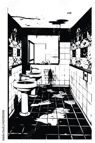 Photorealistic Vector of Abandoned Public Bathroom - Grimy & Decayed Interior Scene