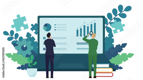 ノートパソコンに表示されたデータを分析しているビジネスマン（白）　Businessman analyzing data displayed on a laptop (white)