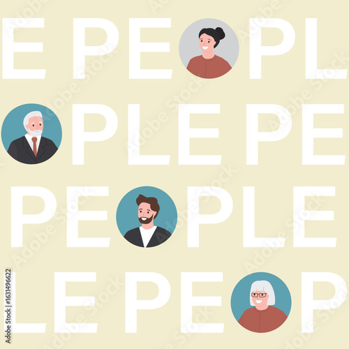 Creative background with signs spelling PEOPLE, with the letter O replaced by various person's avatars, symbolizing individuality and connection within community and social.