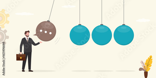 Businessman and speech bubble pendulum. Confident man in front of newton's cradle with chat bubble, effect of speech. Gossip and fake news concept.
