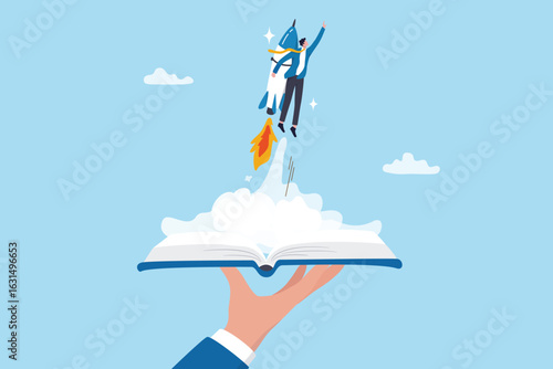 Learning and education, training or innovation to study, launch new project rocket, inspiration or growth achievement, invention concept, businessman with rocket launcher boost from education book.
