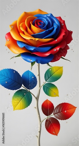 A vibrant multicolored rose isolated on white background