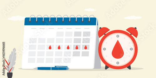 The calendar with the menstrual days marks. blood period calendar with blood drops and alarm clock. Menstruation period pain protection. Feminine hygiene, pms, healthcare
