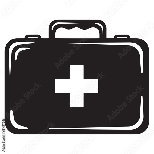 Simple black and white illustration of a medical first aid kit ready for emergencies