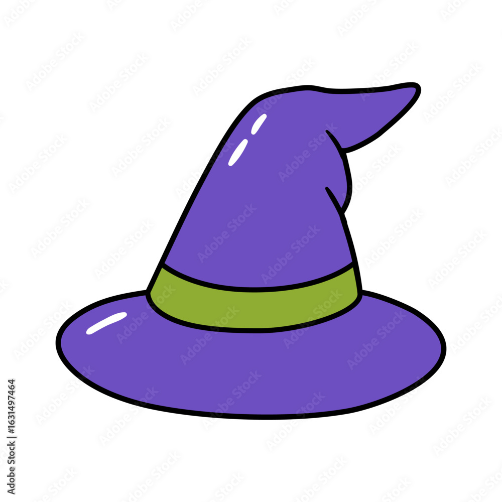 Fototapeta premium Whimsical purple witch hat with a green band. Hand drawn vector illustration.