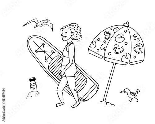 Girl with sup board on beach in summer. Black and white doodle illustration. Contoured, isolated illustration for design on white background.