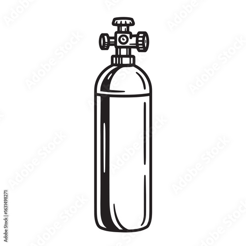 Simplified black and white vector illustration of an oxygen cylinder with valve