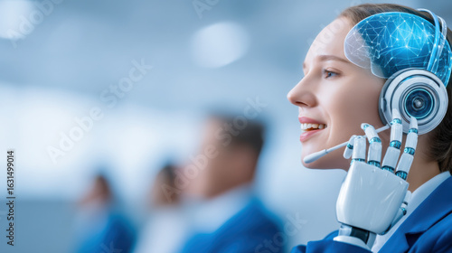 A futuristic woman with a robotic arm uses a headset, embodying the fusion of technology and human interaction in a modern workspace.