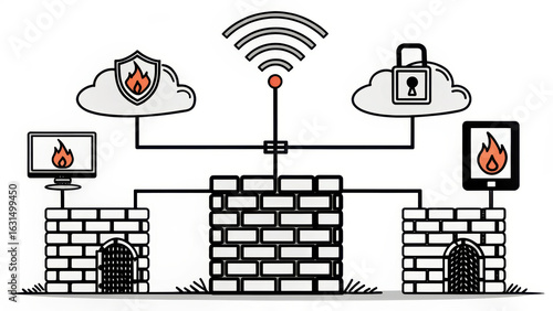 Network security illustration showing firewalls and intrusion detection systems protecting devices. image features central firewall structure