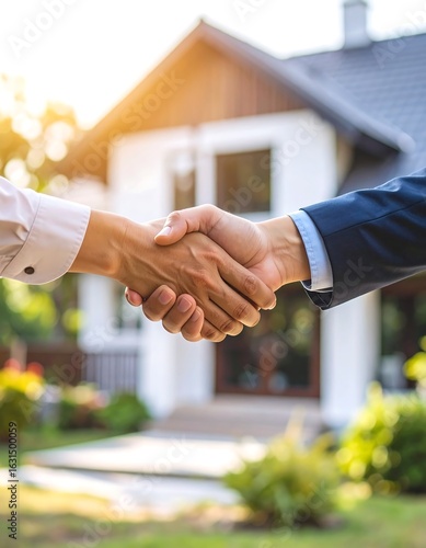 Close-up of a handshake in front of a house, signifying a real estate deal
