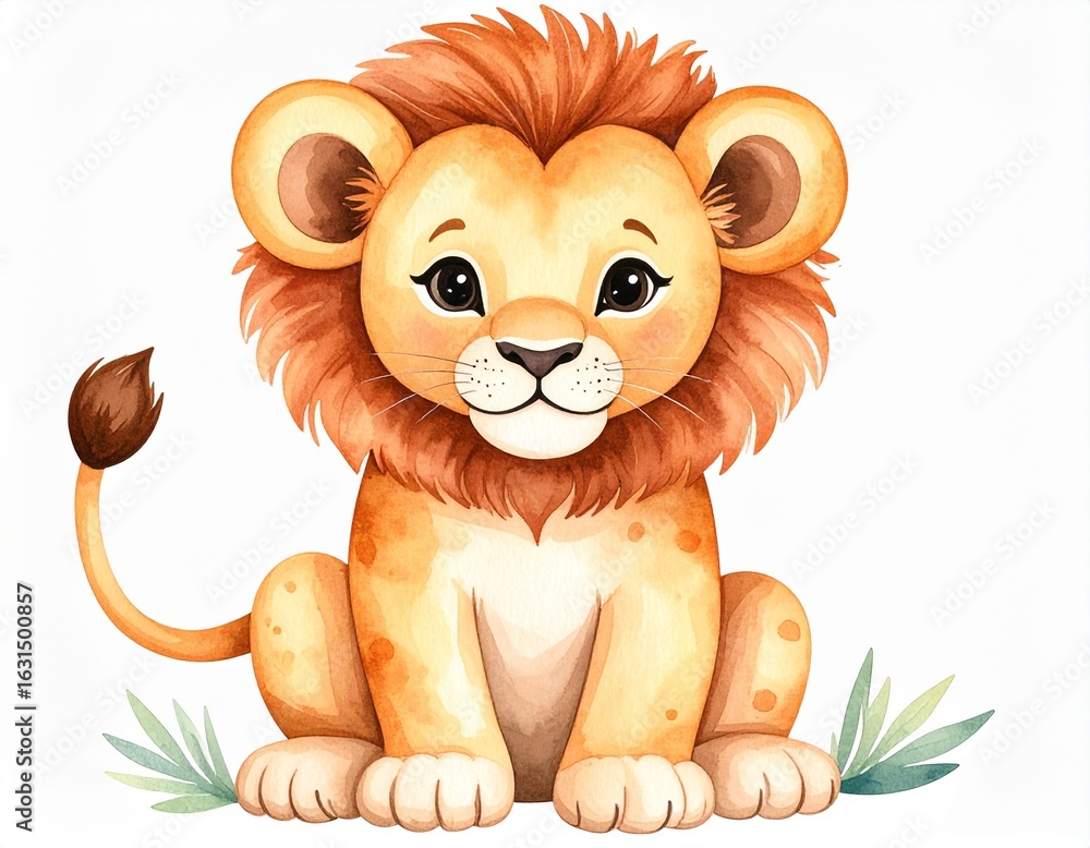Fototapeta premium Cute Cartoon Baby Lion Sitting with a Friendly Expression