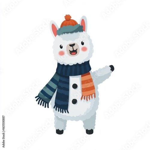 Cute llama character wearing a hat and scarf in winter setting, joyfully waving with a friendly expression