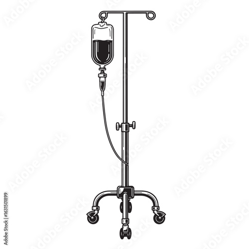 Vintage illustration of intravenous drip therapy infusion stand and fluid bag on white background